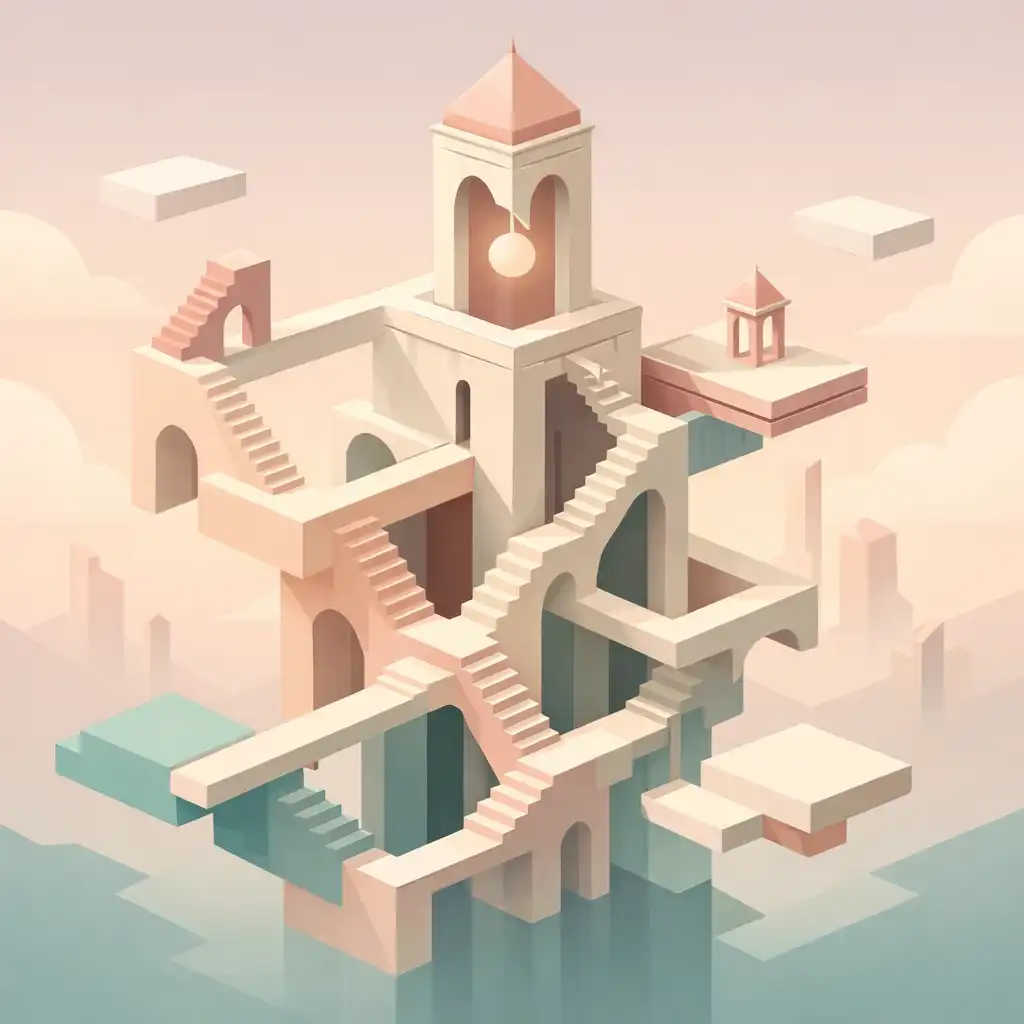 Lehetetlen geometrikus építmény a Monument Valley 2-ből, egymásba hajló lépcsőkkel és lebegő platformokkal