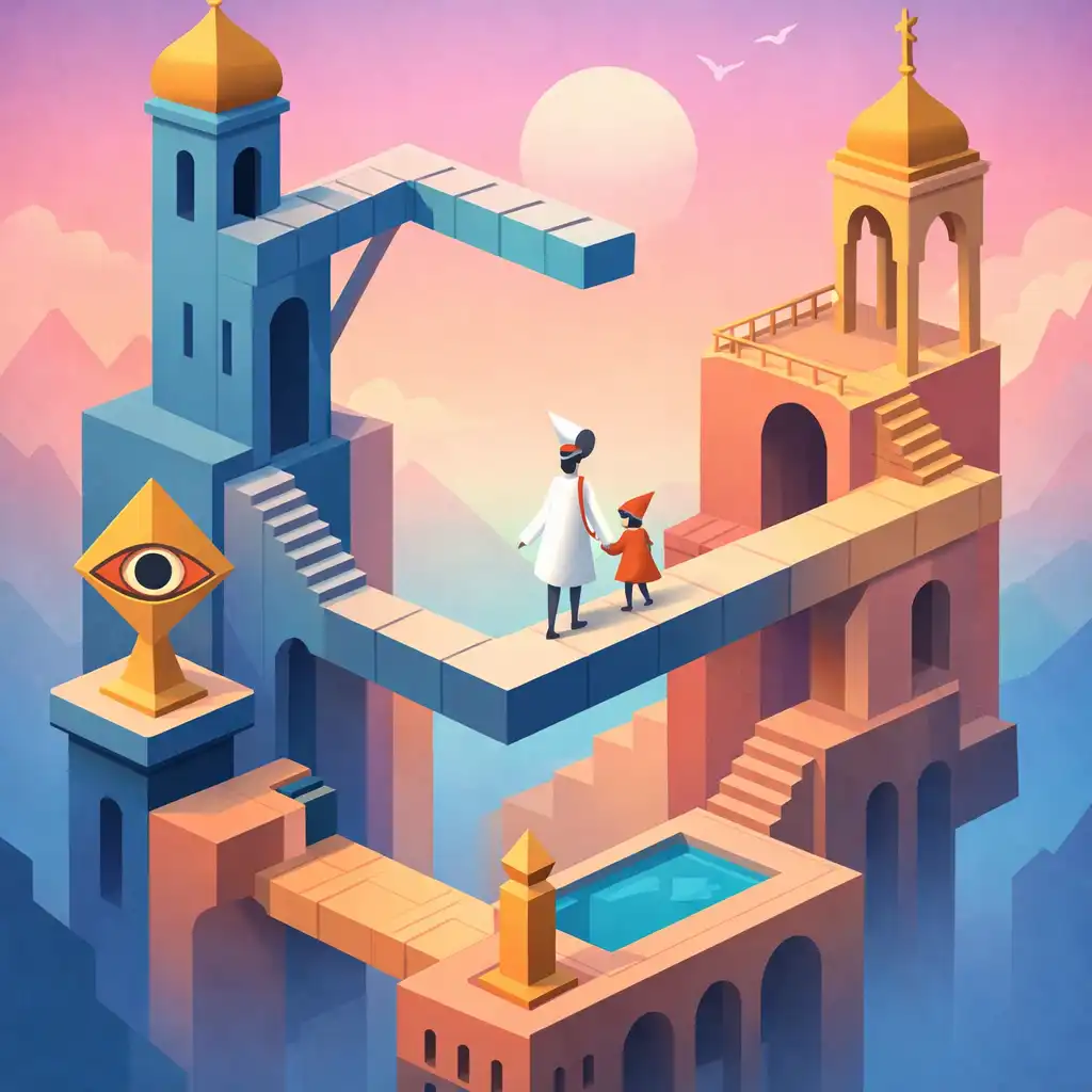 Monument Valley 2 jelenet: anya és gyermeke sétál egy szürreális, geometrikus építményen