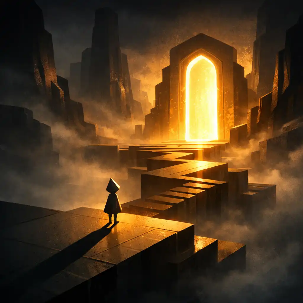 Drámai jelenet a Monument Valley 2-ből: magányos alak hosszú árnyékkal, háttérben magas monolitokkal és világító portállal