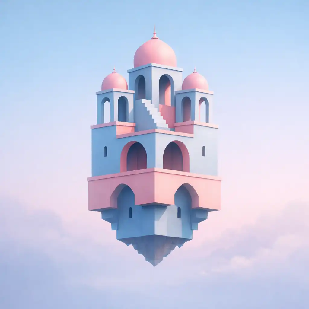 Közelkép a Monument Valley 2 építészetéről: minimalista, geometrikus torony lebeg a levegőben, boltívekkel és kupolákkal, pasztell kék és rózsaszín színekkel