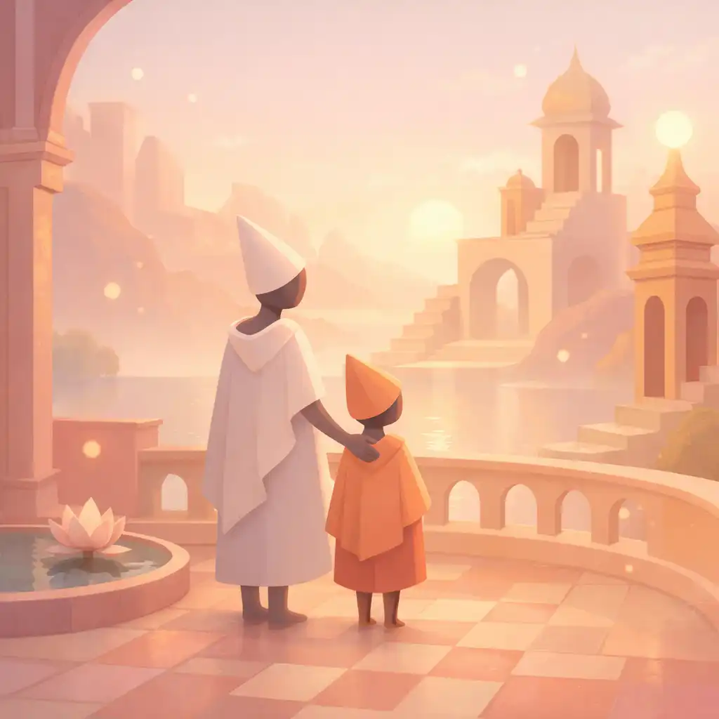 A Monument Valley 2 hangulata: anya és gyermeke egy csendes teraszon, lágy fényekkel és pasztell építményekkel