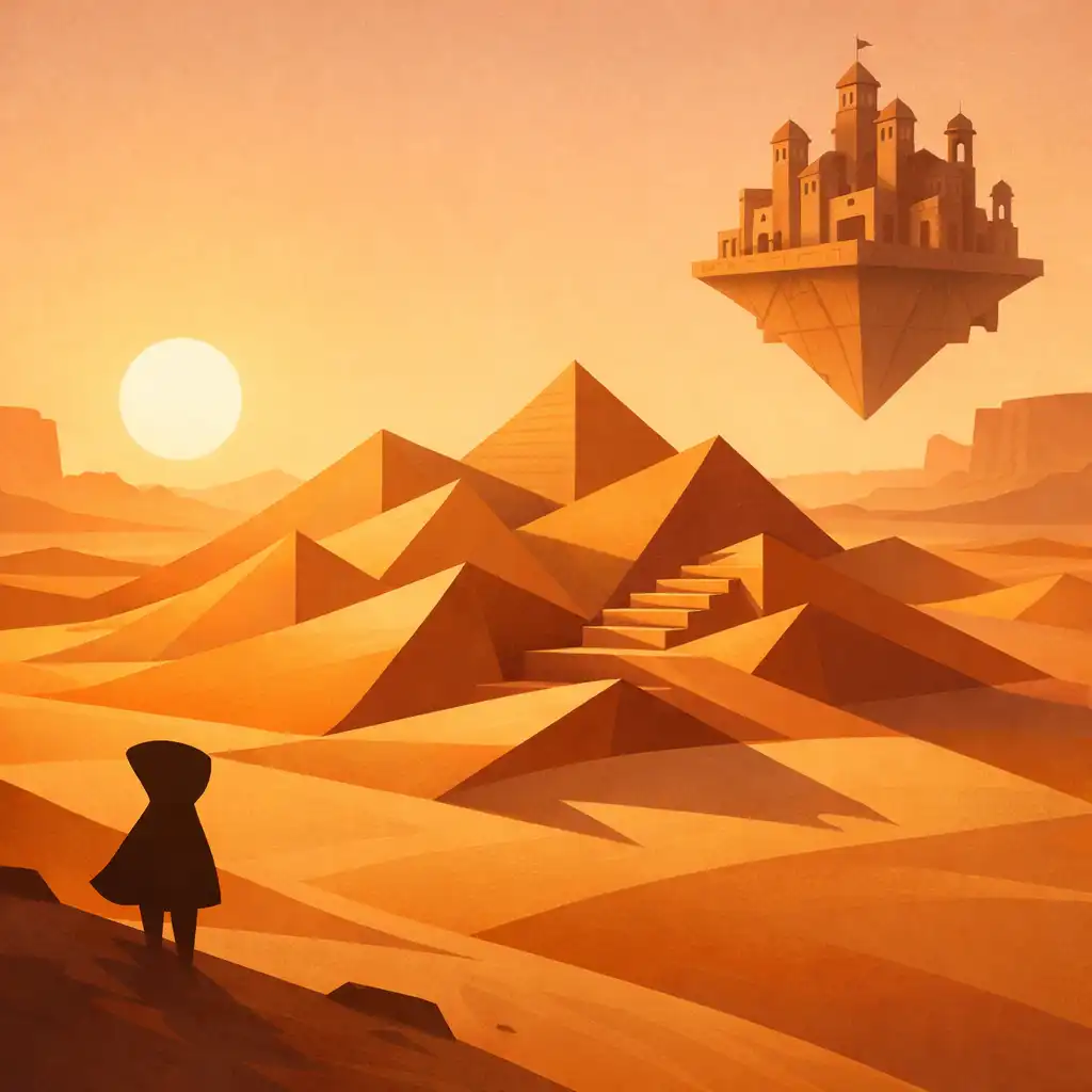 Sivatagi jelenet a Monument Valley 2-ből: homokdűnék geometrikus formákkal, a háttérben lebegő építmény, meleg homokszín és halvány narancs színekkel