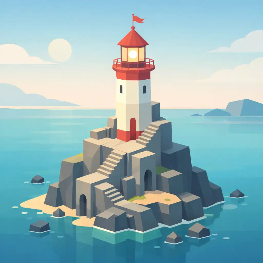 Tengerparti világítótorony egy szikla tetején, körülötte víz, a Monument Valley 2 egyik emlékezetes helyszíne.