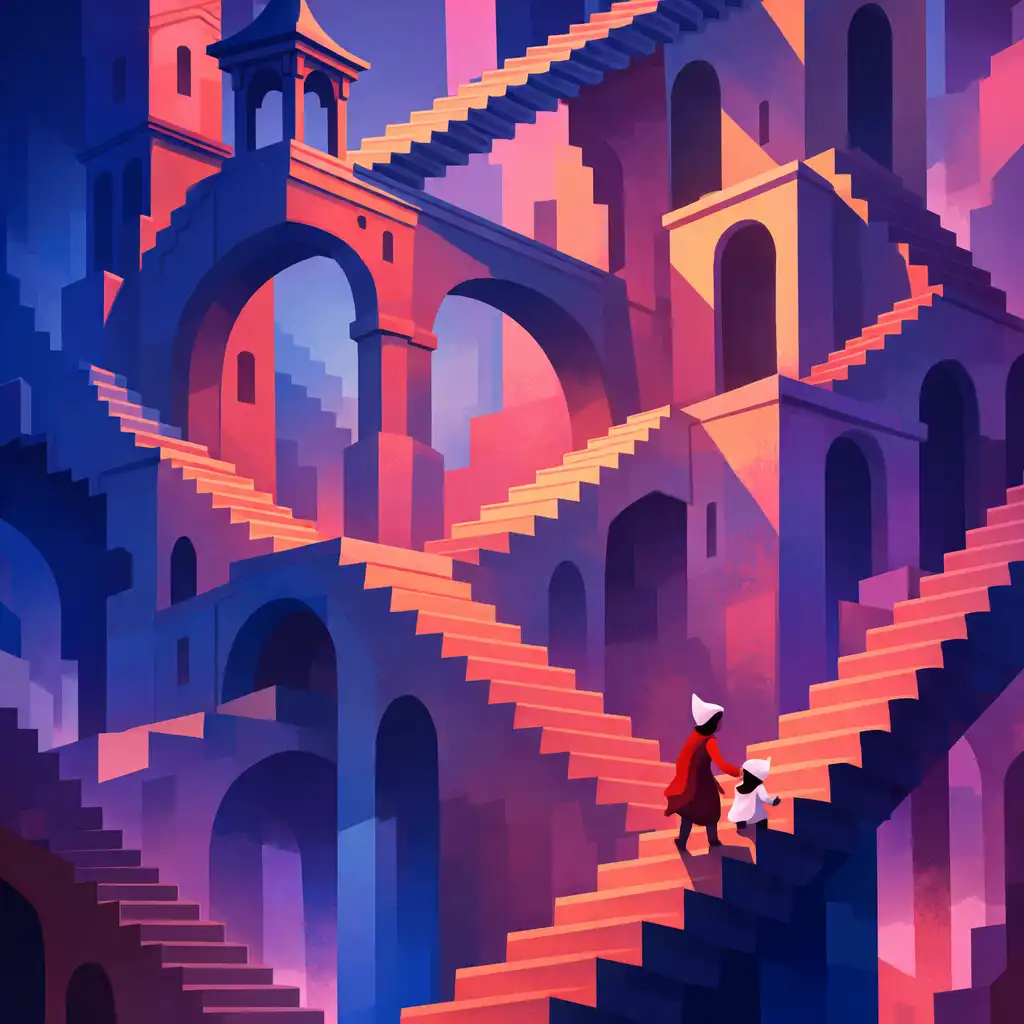 Monument Valley 2 galéria: Nagy, lehetetlen építmény több szinttel és lépcsővel, anya és gyermeke mászik az egyik lépcsőn.