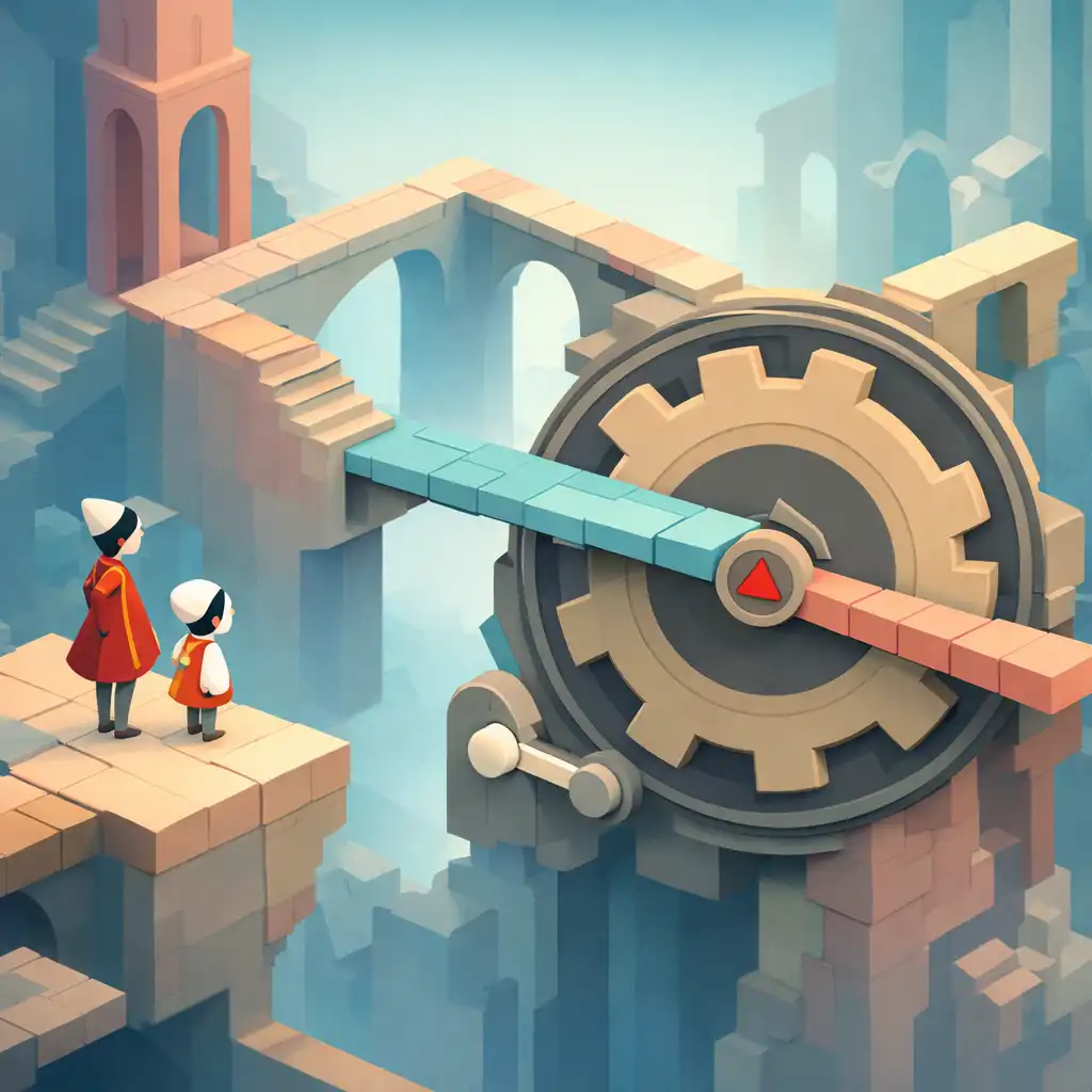 Monument Valley 2 játékmenet: Anya és gyermeke egy platformon, előtérben egy nagy forgó mechanizmussal, amely a perspektíva-manipulációt illusztrálja.