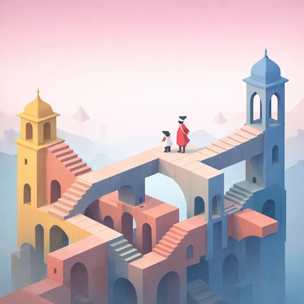 Monument Valley 2 játékmenet: anya és gyermeke egy lehetetlen építészeti struktúra tetején, perspektíva-manipulációval