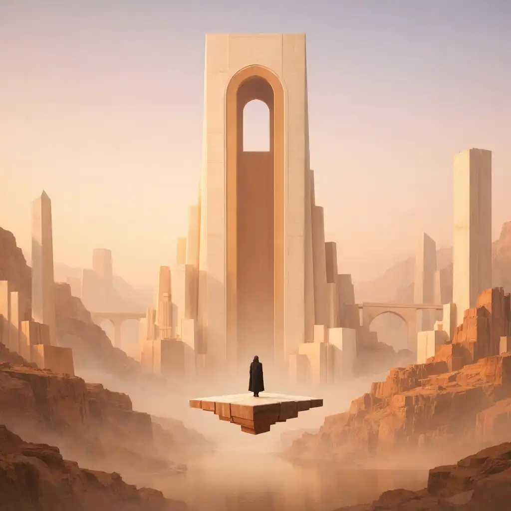 A Monument Valley 2 hősies völgye, magas geometrikus tornyokkal és egy vándor alakjával