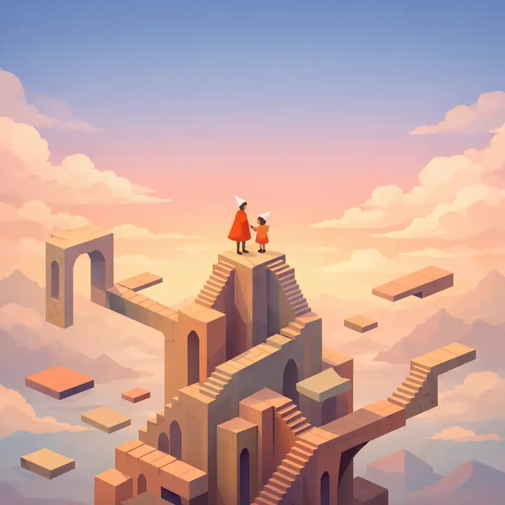 Anya és gyermeke áll egy szürreális, geometrikus építmény tetején a Monument Valley 2-ben, pasztellszínű égbolt alatt