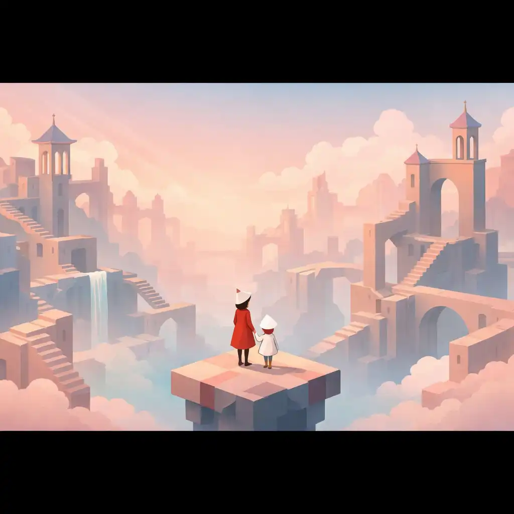 A Monument Valley 2 egyik ikonikus jelenete: lebegő, lehetetlen geometriájú építmény, amelyen két karakter áll, pasztellszínű égbolt előtt.