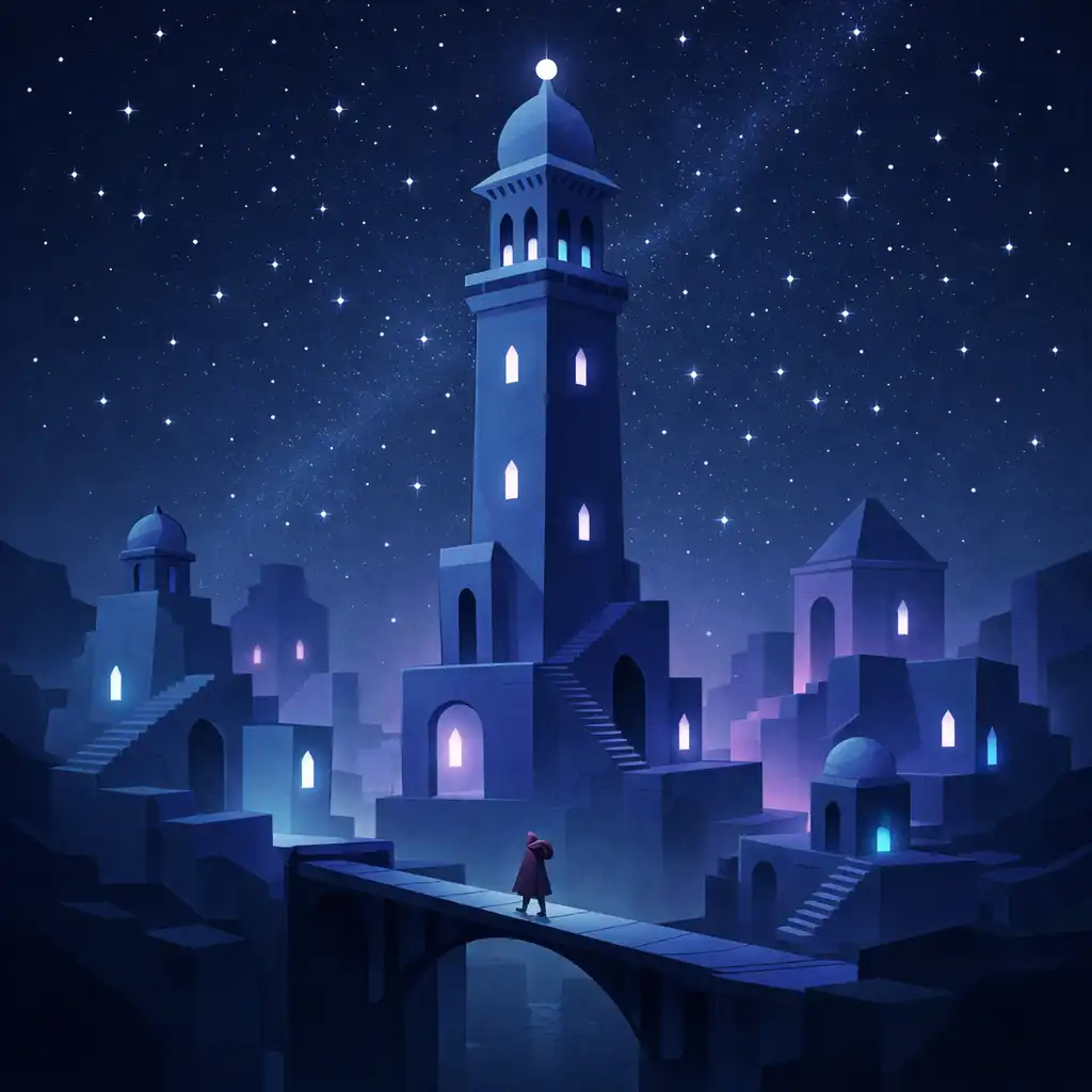 Éjszakai városi jelenet a Monument Valley 2-ből: sötétkék égbolt csillagokkal, geometrikus épületek halvány kék és lila fényekkel, egy karakter sétál egy keskeny hídon