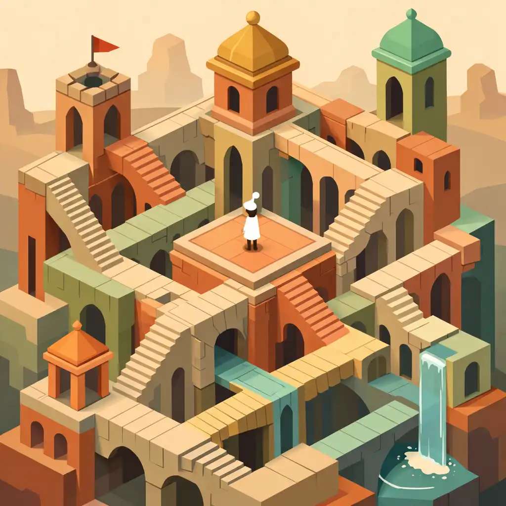 Bonyolult, többszintes építmény lépcsőkkel és átjárókkal a Monument Valley 2-ben, felülnézetből, földszínekkel és pasztellekkel.