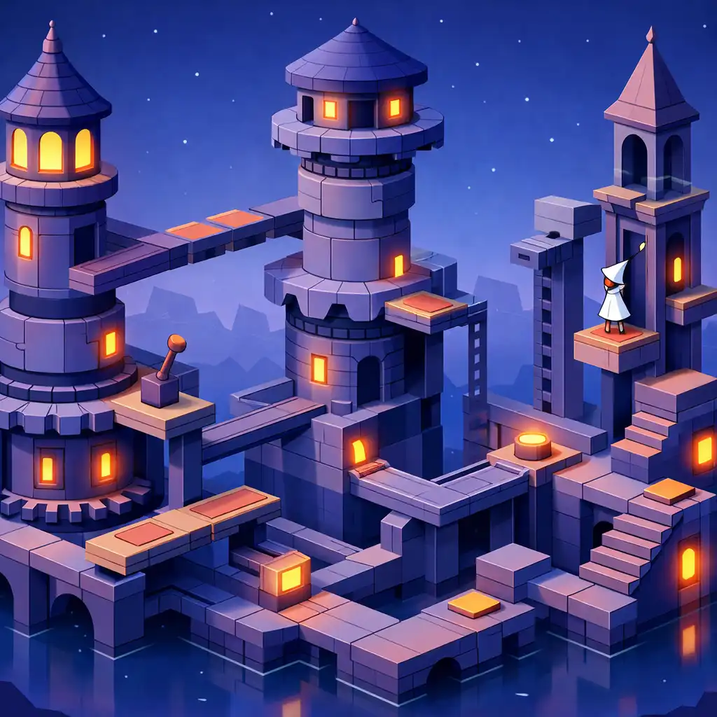 Monument Valley 2 rejtvényelemek: forgó tornyok, mozgó platformok és kapcsolók egy összetett struktúrában