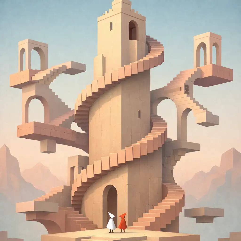Monument Valley 2 vizuális világ: Monolitikus torony spirális lépcsővel, szimmetrikus kompozícióban, pasztell színekkel.