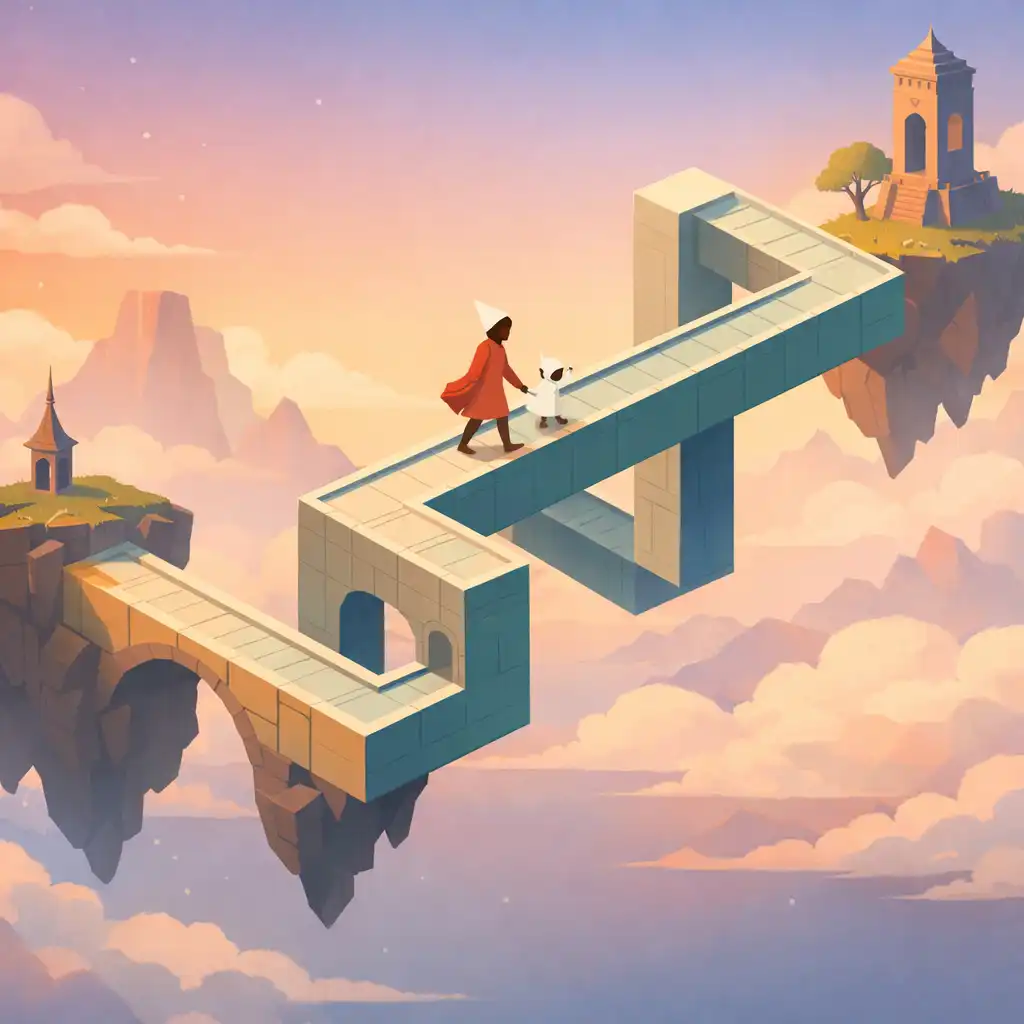 Monument Valley 2 vizuális világ: Anya és gyermeke egy lehetetlen hídon sétál két lebegő sziget között, meleg fényekkel.