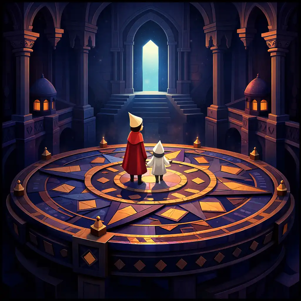 Monument Valley 2 vizuális világ: Közeli kép egy forgó platformról geometrikus mintákkal, anya és gyermeke egy távoli ajtóra néz.