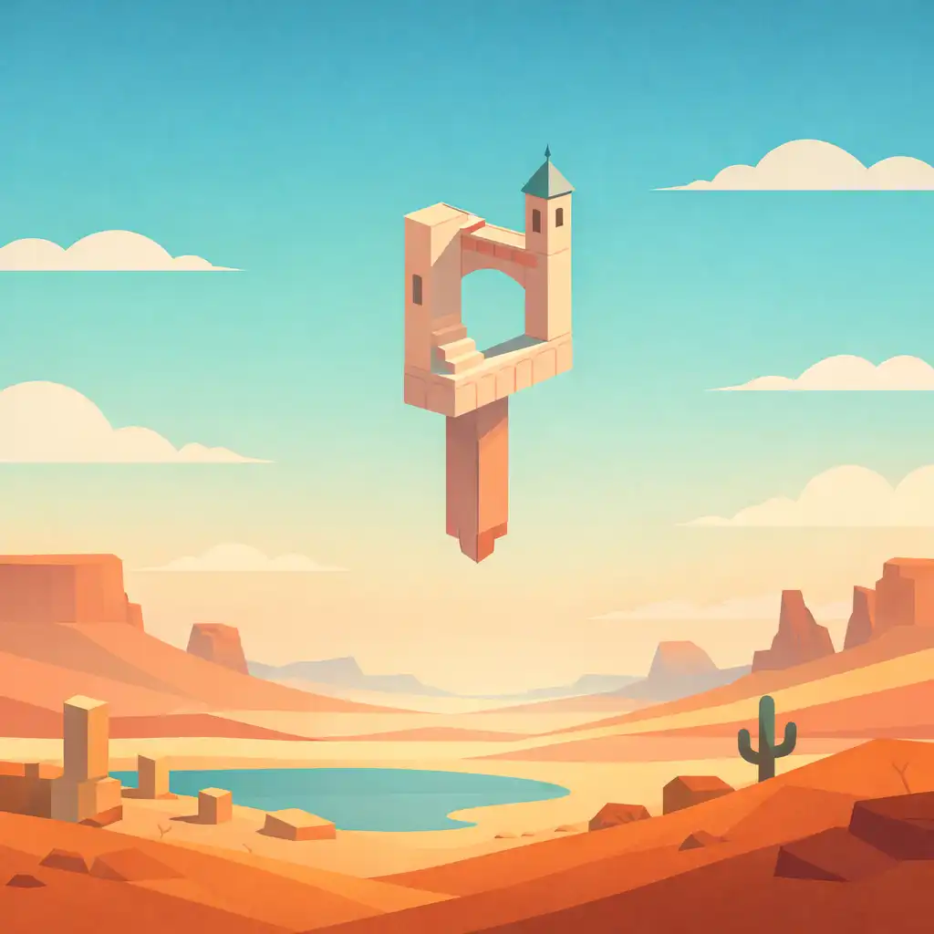 Sivatagi táj a Monument Valley 2-ben, a távolban egy lehetetlen módon lebegő toronnyal, széles látószögű kompozícióban.