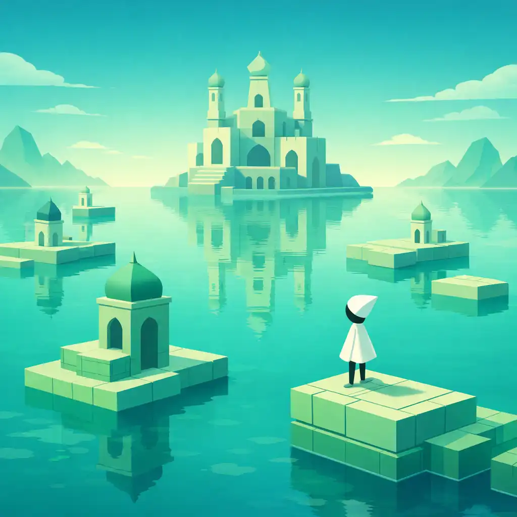 Vízi világ a Monument Valley 2-ből: nyugodt tenger geometrikus platformokkal, türkiz és halvány zöld színekkel, egy karakter áll egy platform szélén